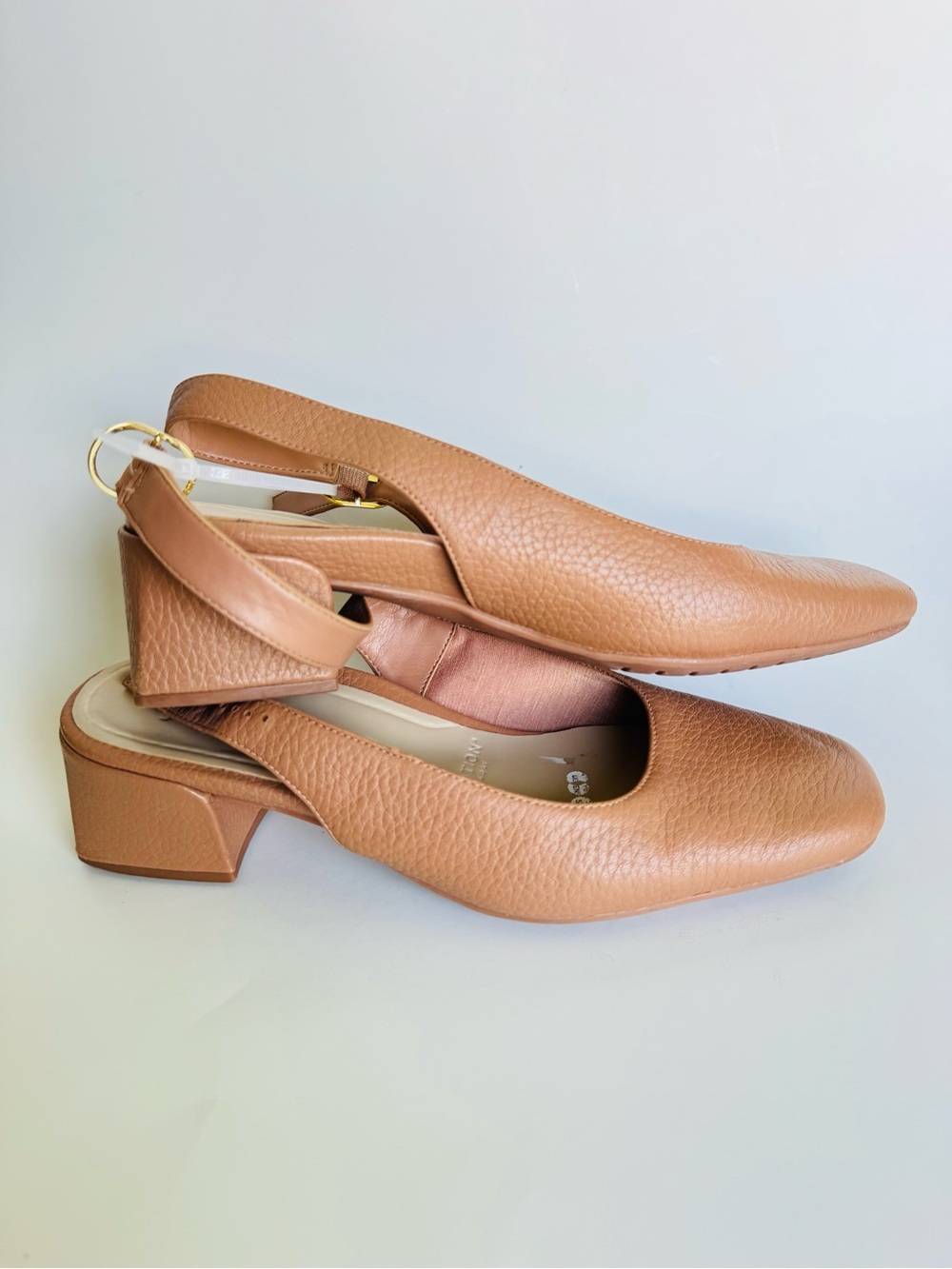 Vionic Tan Pebbled Leather Slingback Low Block Heel Mules.